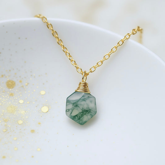 Moss Agate Necklace - Hexagon Cut Gemstone -18K Gold Filled Chain