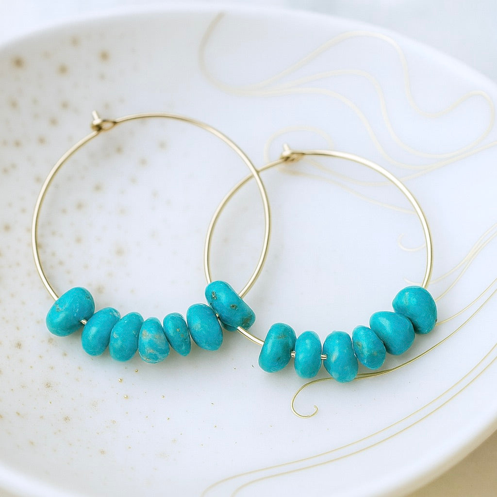 Genuine Turquoise Earrings, Turquoise Earrings ,Turquoise Hoop Earrings,Genuine Turquoise Earrings,Turquoise Beaded Hoops, Real Turquoise