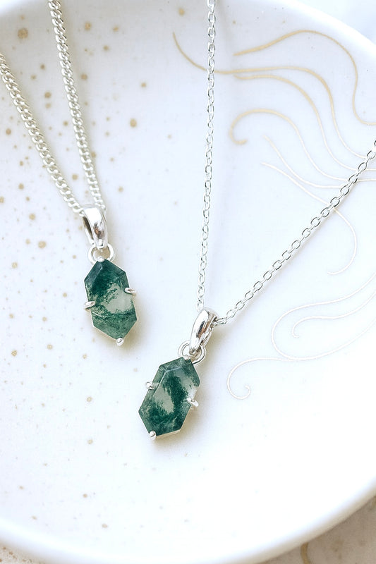 Moss Agate Necklace Silver Fill - Dainty Gemstone Necklace - Hexagon Crystal Pendant