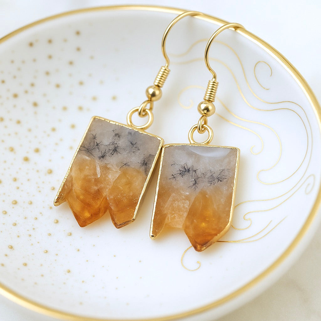 Citrine Slice Dangle Earrings -14K Gold Raw Gemstone Earrings, November Birthstone Jewelry, Boho Crystal Earrings
