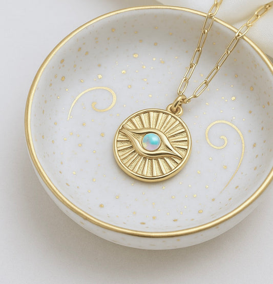 Gold Evil Eye Necklace – Sunburst Opal Charm, Dainty Medallion Necklace, October Birthstone, Celestial Protection Jewelry, Gold Fill Chain