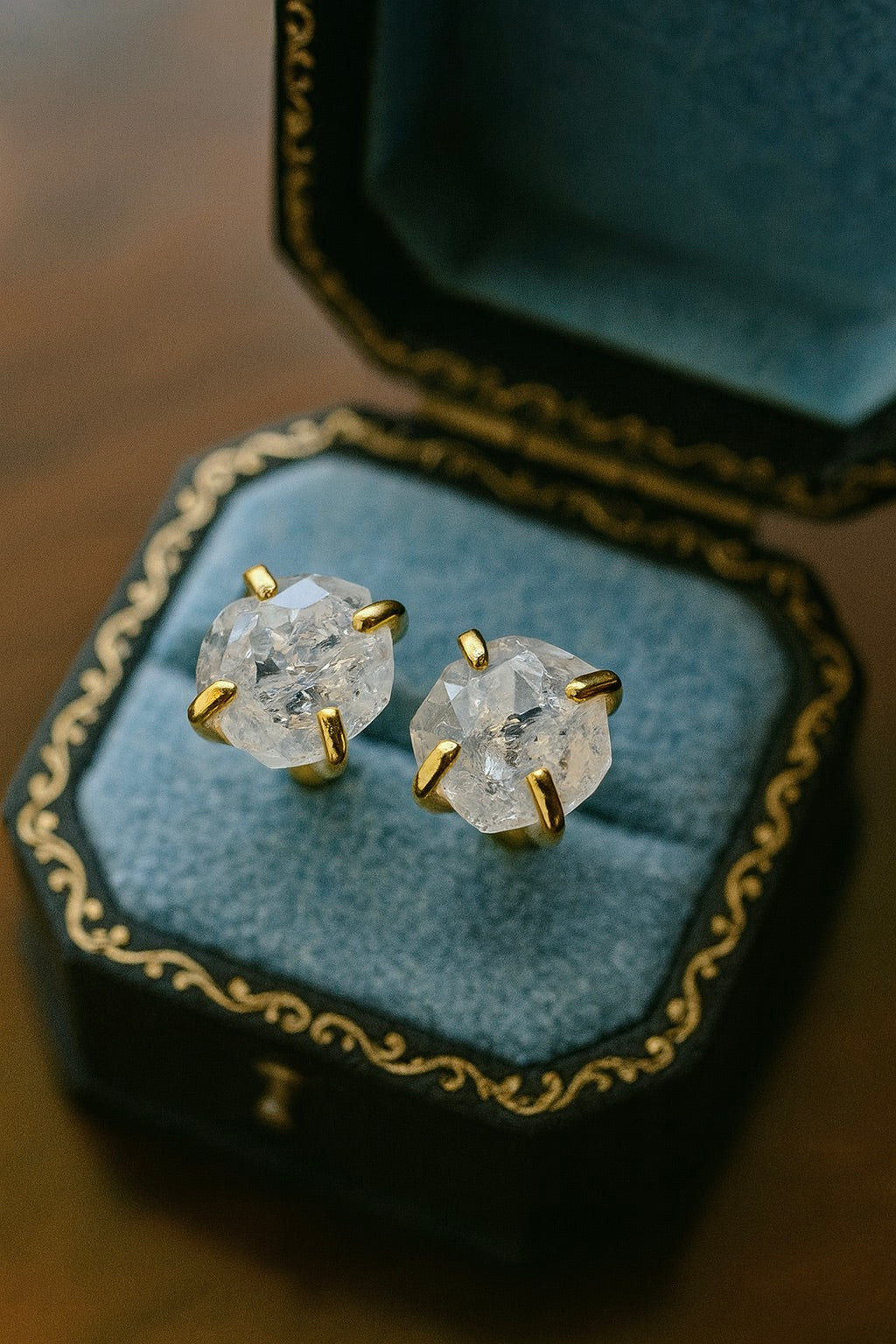 Raw Herkimer Diamond Stud Earrings – 14k Gold Plated Prong Set | Natural Crystal Earrings for Women