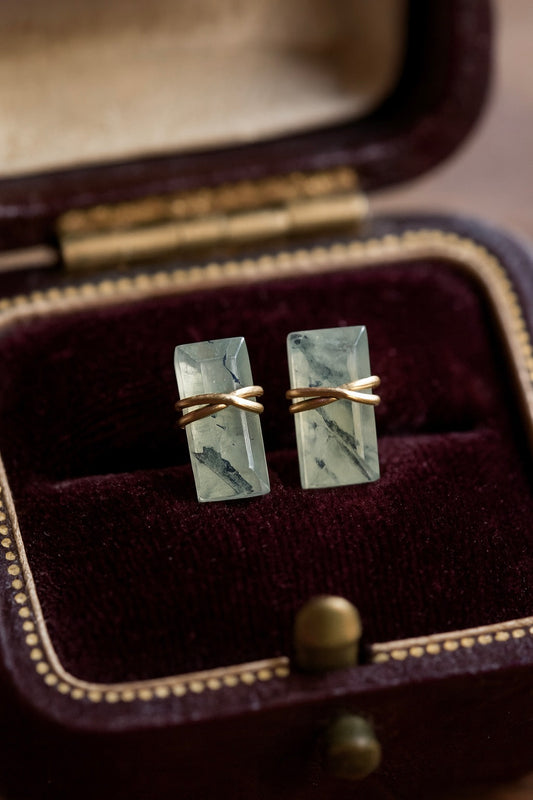 Prehnite Stud Earrings, Wire Wrapped Baguette Gemstone Studs, Rectangle Natural Raw Crystal Earrings,Dainty Silver Gold Jewelry Gift for Her