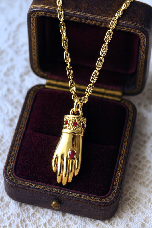 Victorian Hand Pendant Necklace • 14K Gold Filled Mano Figa Style with Garnet CZ Accents • Gothic Talisman Jewelry • Antique-Inspired Necklace