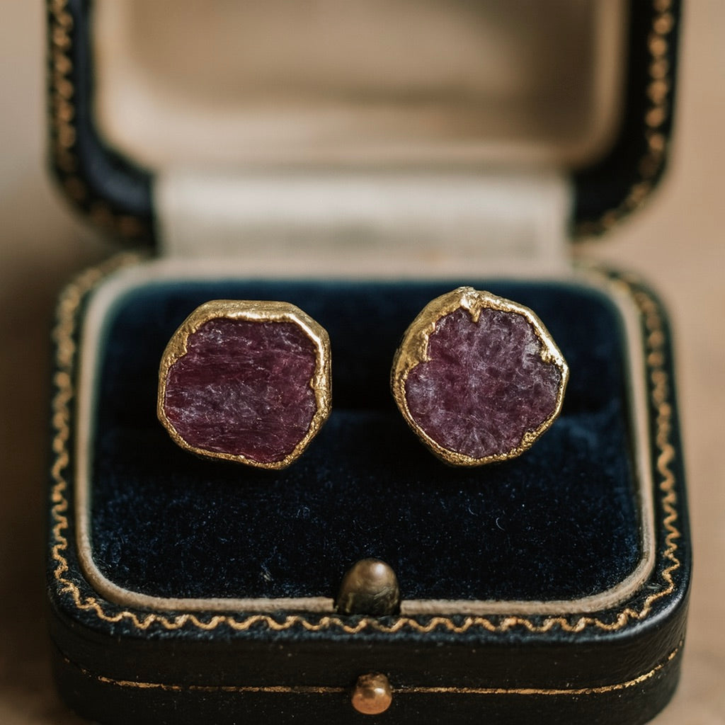 Raw Ruby Stud Earrings – Rough Gemstones in 14k Gold Over Sterling Silver, July Birthstone Jewelry