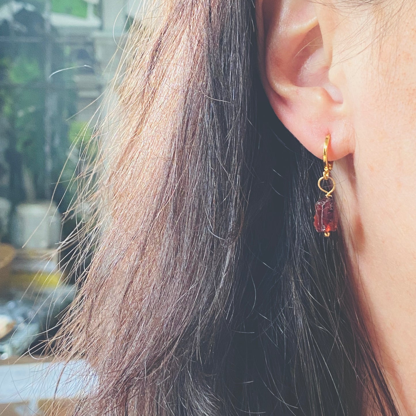 Garnet Huggie Hoops