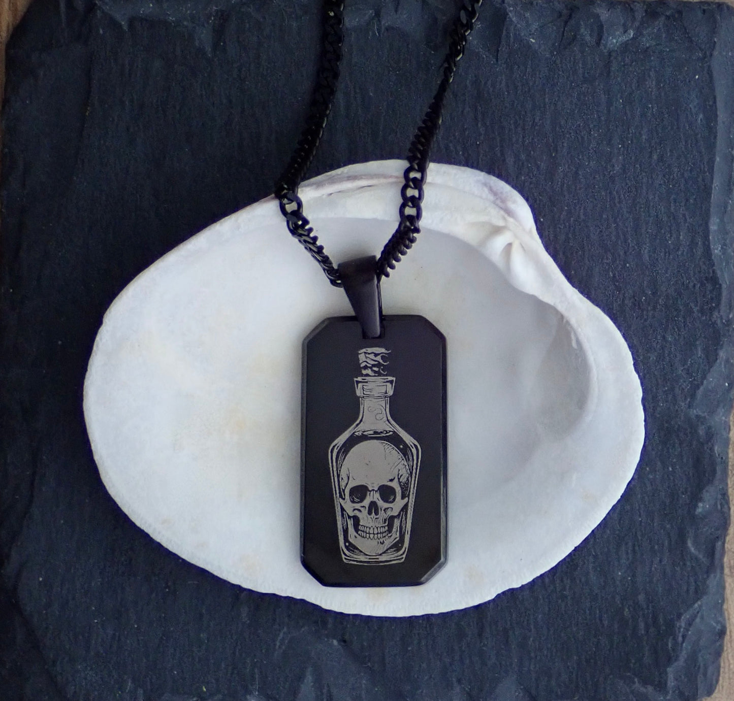 Tell No Tales Necklace - Men's Dog Tag Necklace - Black - Rum Bottle with Skull Pirate Jewelry