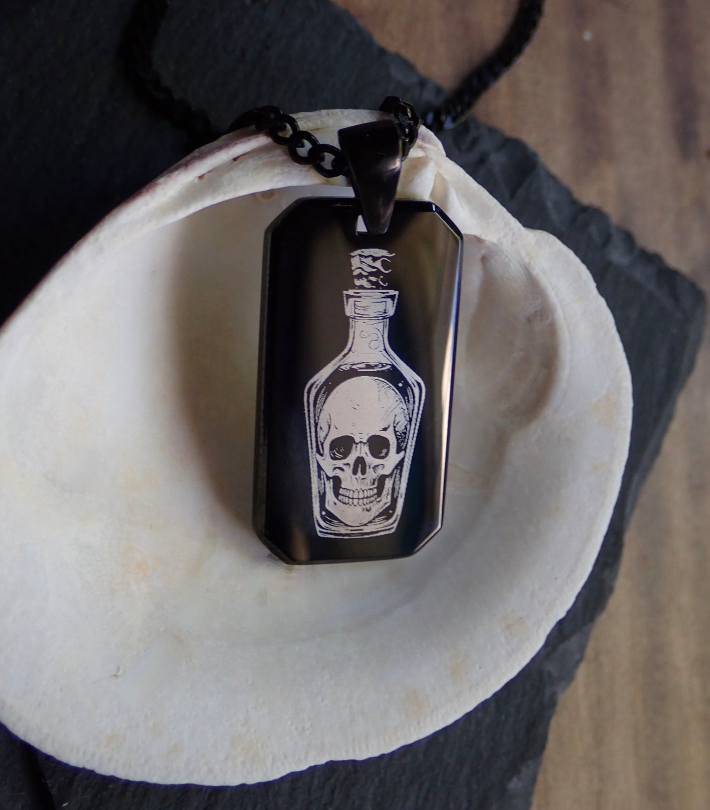 Tell No Tales Necklace - Men's Dog Tag Necklace - Black - Rum Bottle with Skull Pirate Jewelry