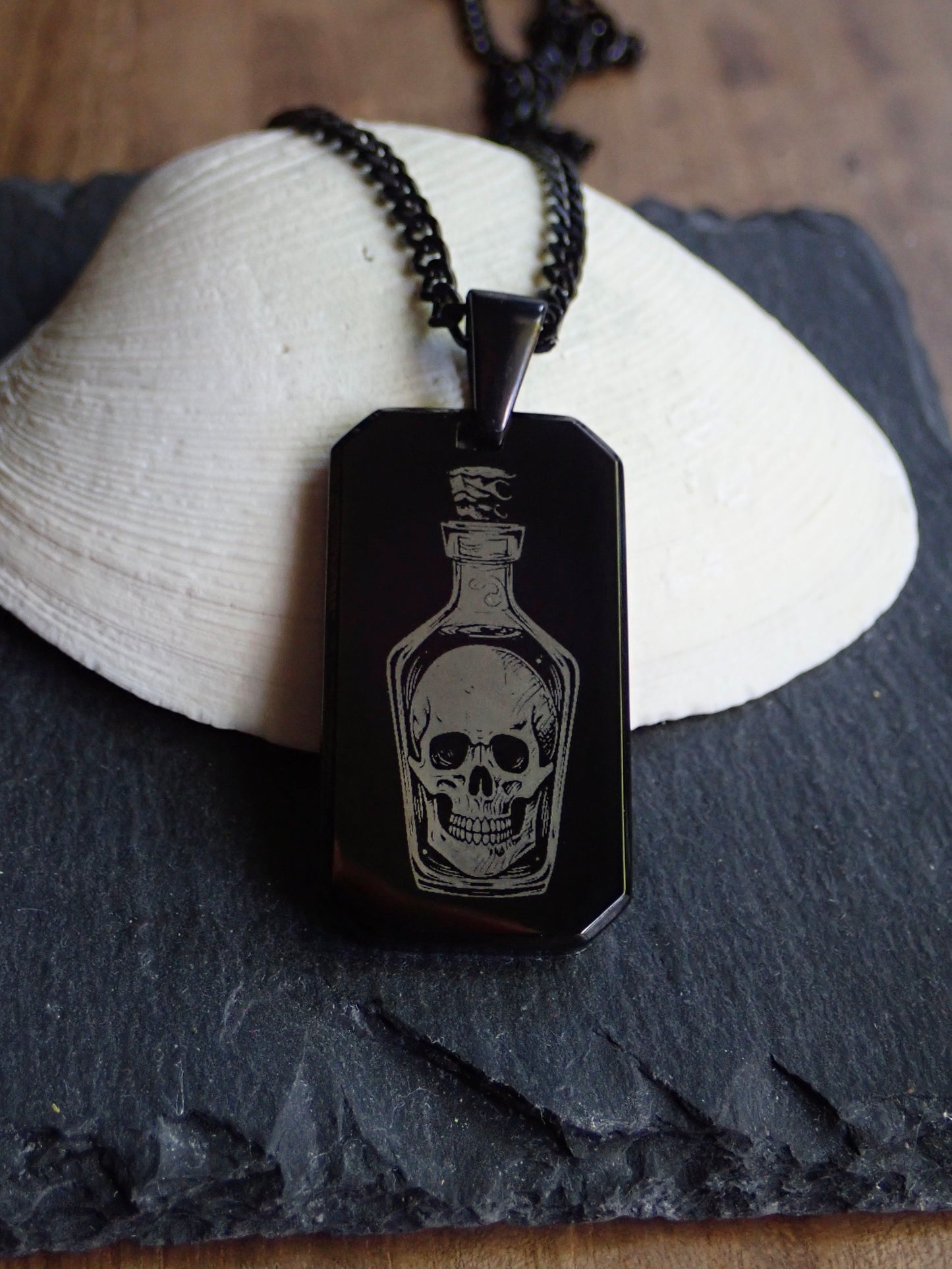 Tell No Tales Necklace - Men's Dog Tag Necklace - Black - Rum Bottle with Skull Pirate Jewelry