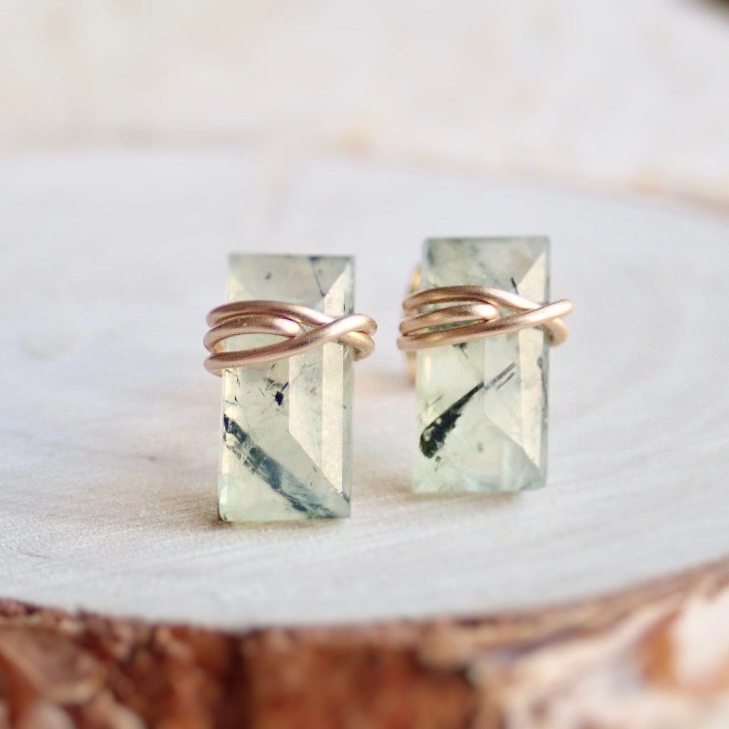Genuine Prehnite Baguette Cut Stud Earrings | Sterling Silver or 14k Gold Filled
