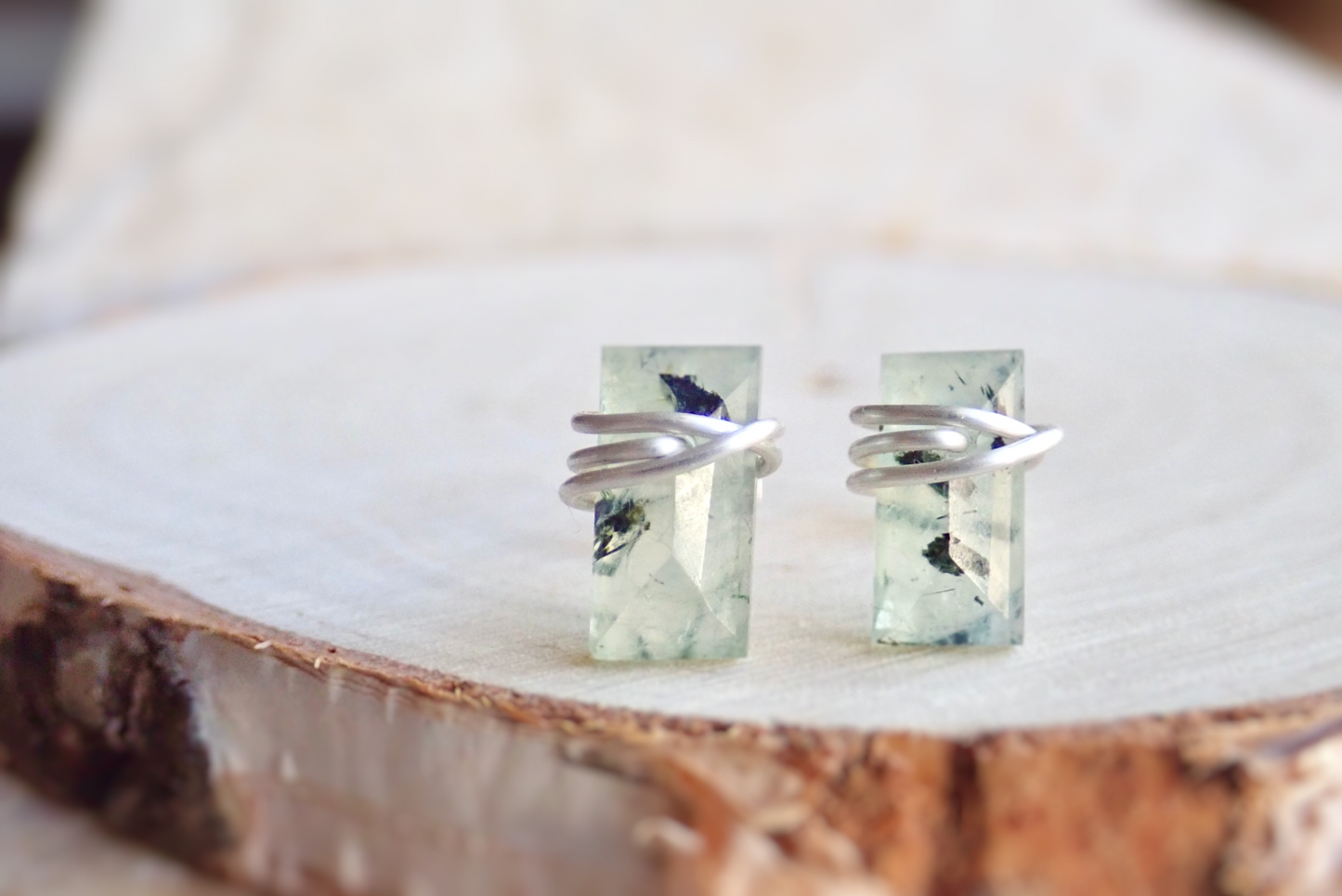 Genuine Prehnite Baguette Cut Stud Earrings | Sterling Silver or 14k Gold Filled