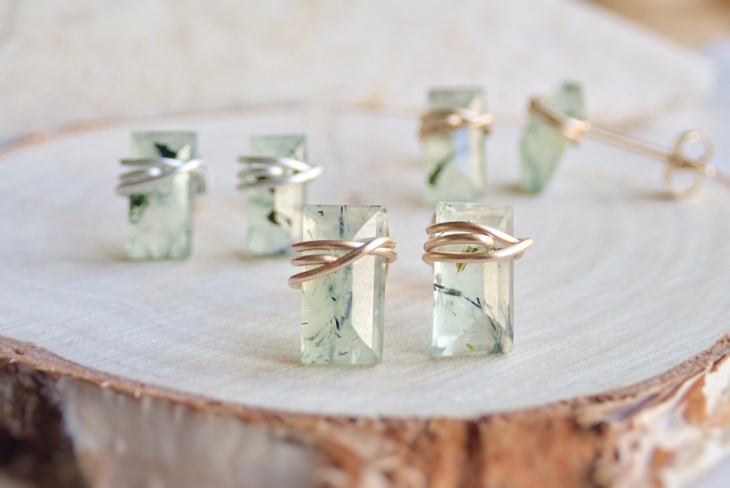 Genuine Prehnite Baguette Cut Stud Earrings | Sterling Silver or 14k Gold Filled