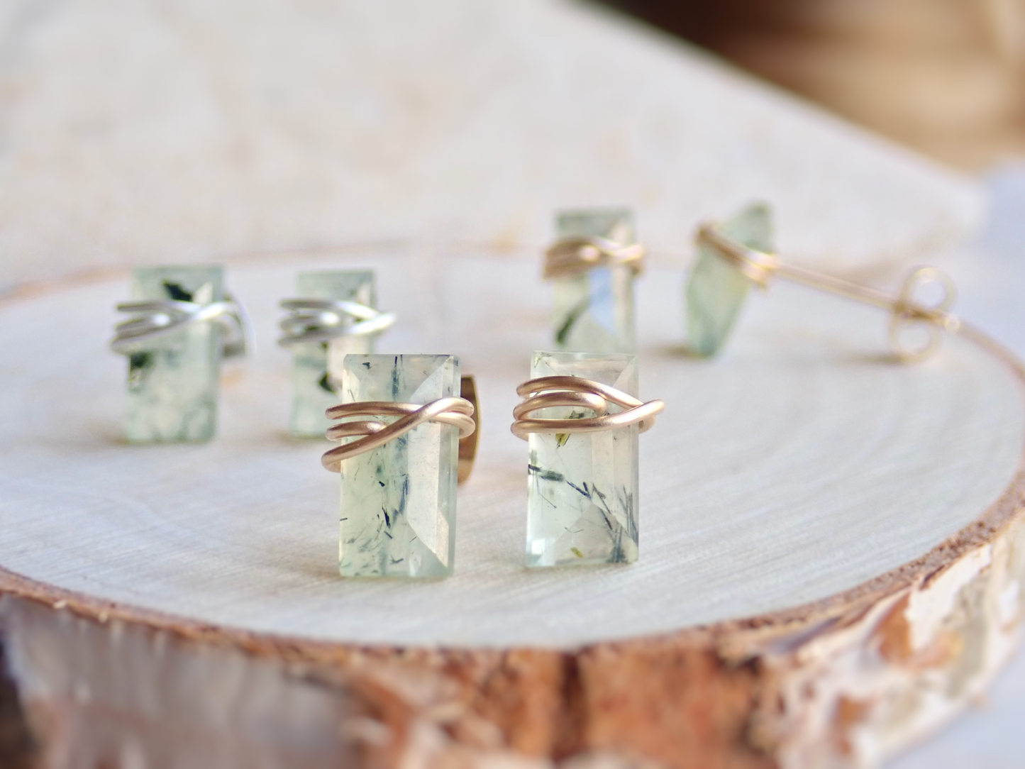 Genuine Prehnite Baguette Cut Stud Earrings | Sterling Silver or 14k Gold Filled