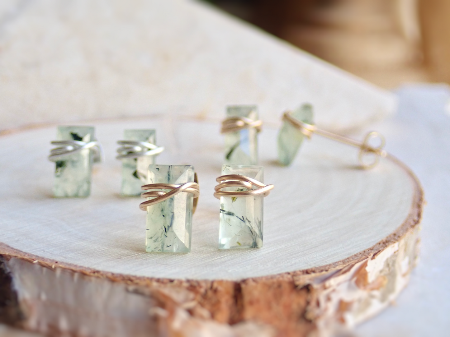Genuine Prehnite Baguette Cut Stud Earrings | Sterling Silver or 14k Gold Filled