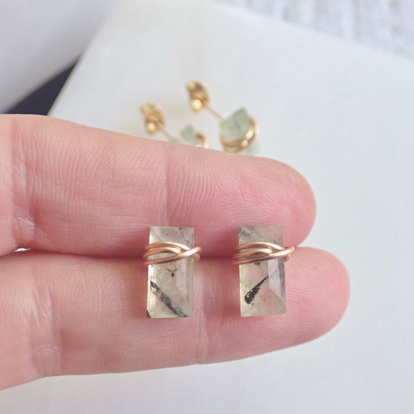 Genuine Prehnite Baguette Cut Stud Earrings | Sterling Silver or 14k Gold Filled
