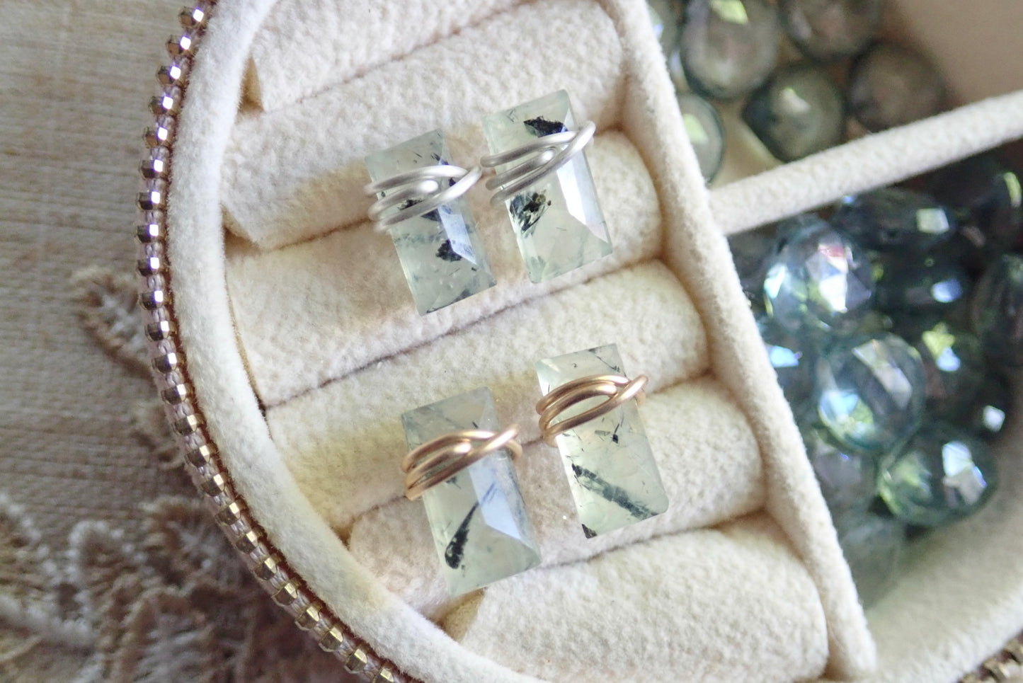 Genuine Prehnite Baguette Cut Stud Earrings | Sterling Silver or 14k Gold Filled