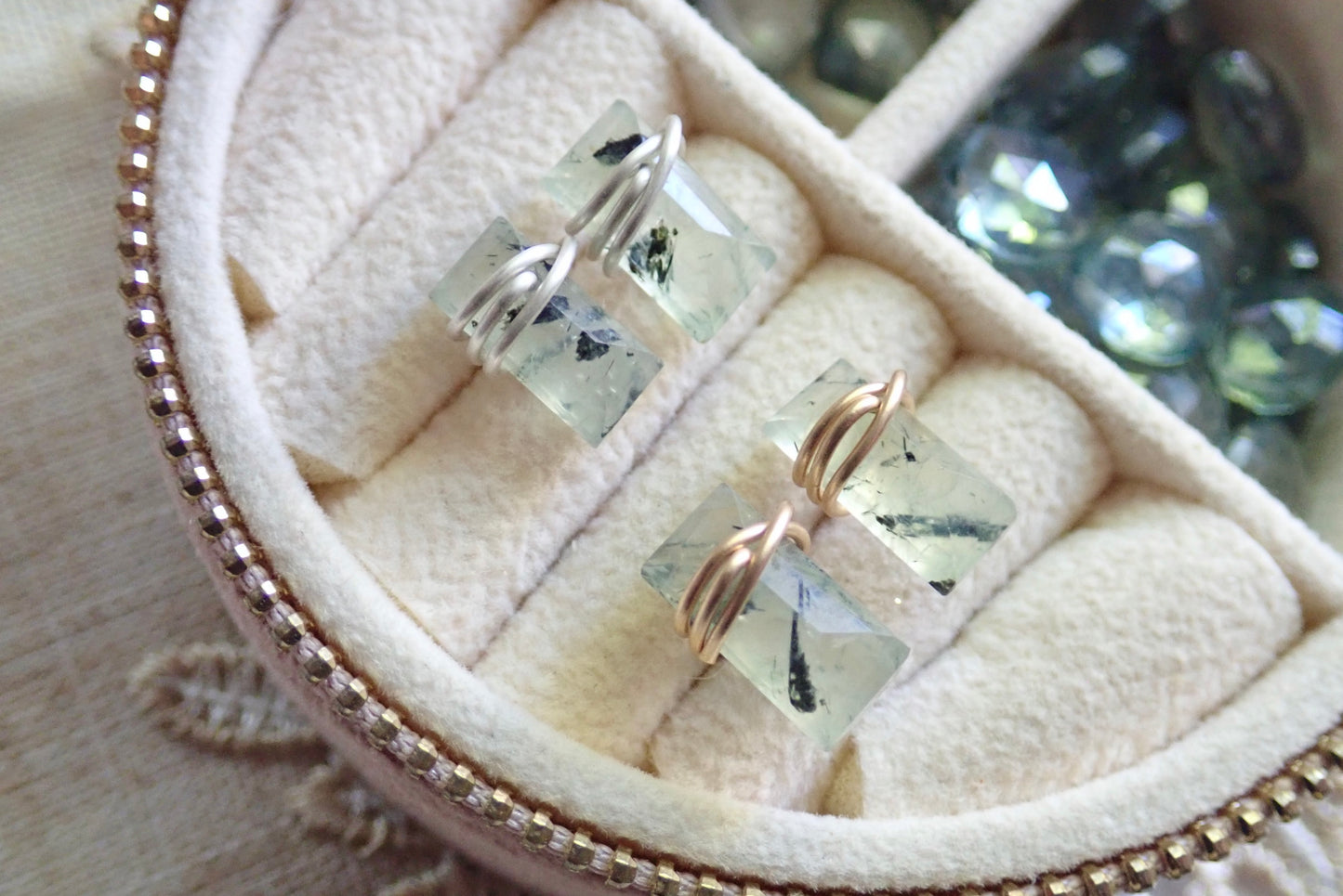 Genuine Prehnite Baguette Cut Stud Earrings | Sterling Silver or 14k Gold Filled