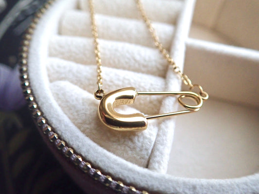 Gold Safety Pin Necklace | 18 Gold Anti-Tarnish Chain | Adjustable Length|