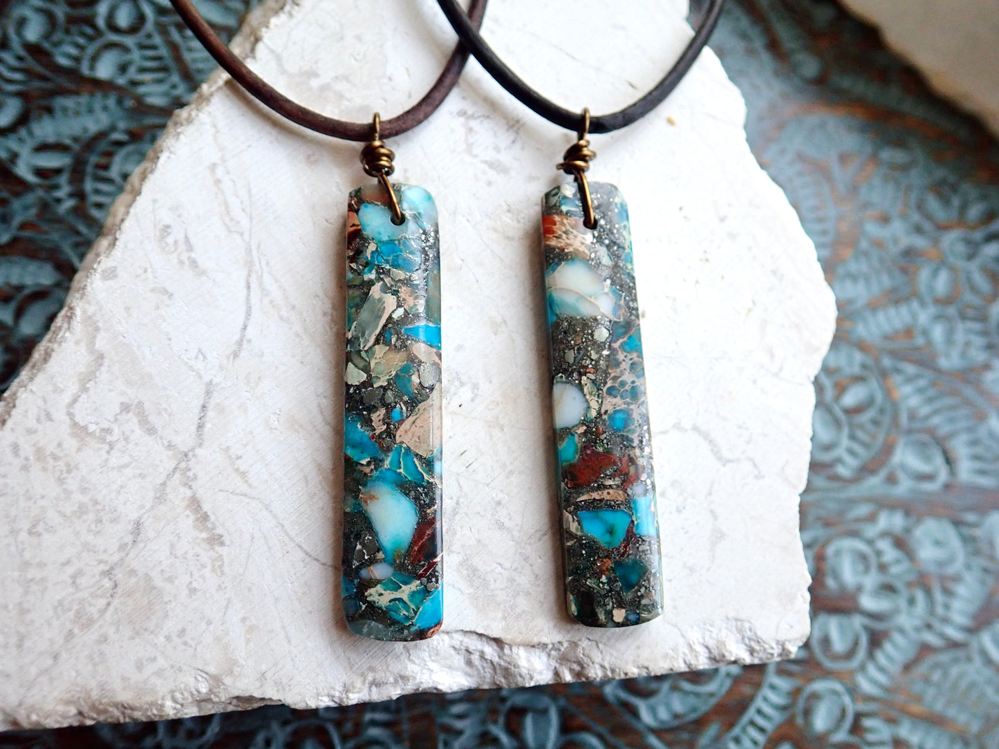 Men’s Leather Cord Necklace with Ocean Jasper Pendant – Unique Natural Stone Jewelry – Handmade Boho Beach Necklace