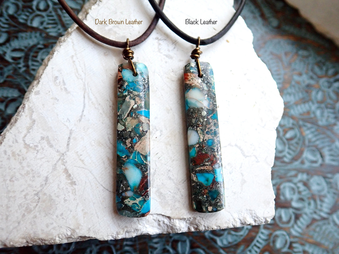 Men’s Leather Cord Necklace with Ocean Jasper Pendant – Unique Natural Stone Jewelry – Handmade Boho Beach Necklace
