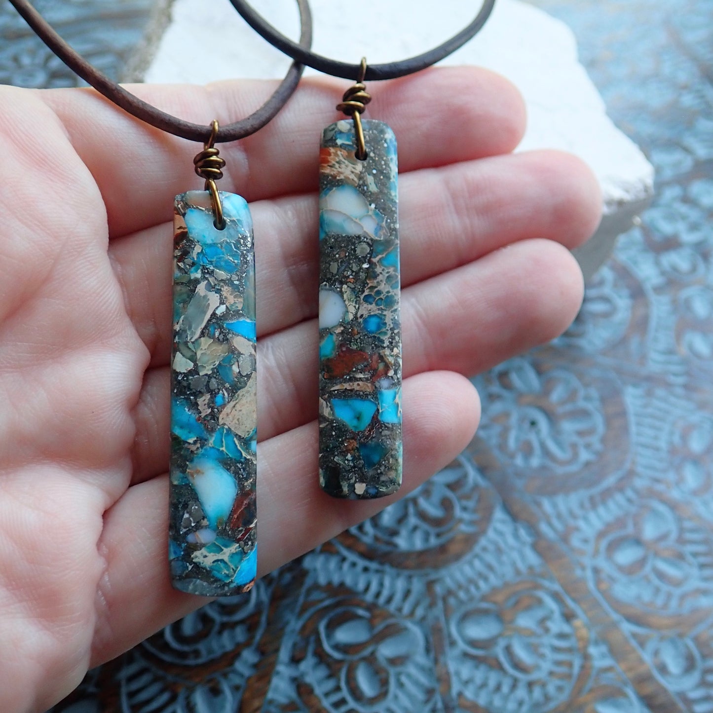 Men’s Leather Cord Necklace with Ocean Jasper Pendant – Unique Natural Stone Jewelry – Handmade Boho Beach Necklace