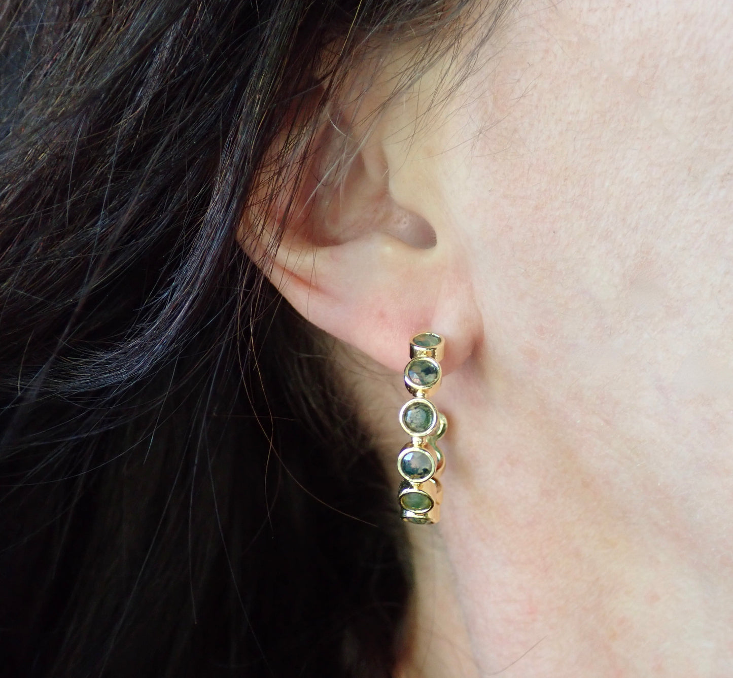 Moss Agate Hoop Earrings, Gold Gemstone Hoops, Moss Agate Jewelry, Green Stone Earrings, Boho Nature Inspired Jewelry Gift, Medium Hoops