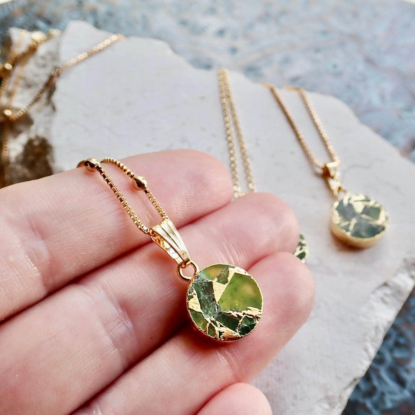 Mojave Turquoise Circle Pendant Necklace, Crushed Peridot, 18K Gold Filled Cable, Box, or Satellite Chain