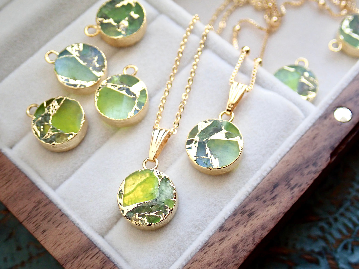 Mojave Turquoise Circle Pendant Necklace, Crushed Peridot, 18K Gold Filled Cable, Box, or Satellite Chain