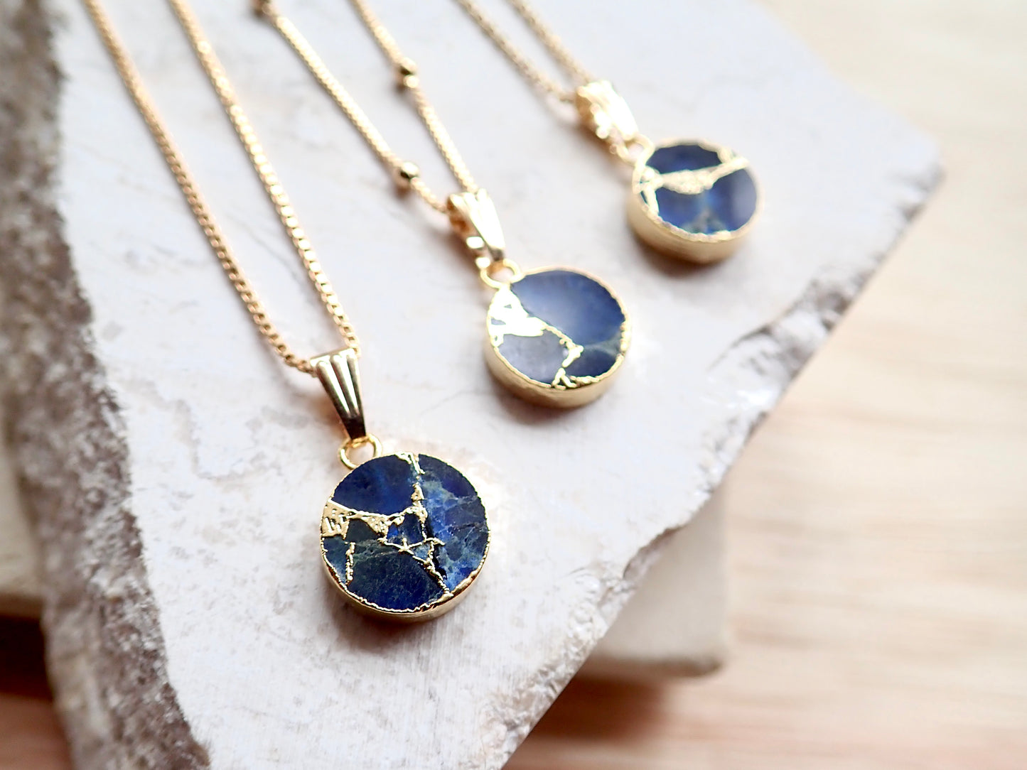 Mojave Turquoise Circle Pendant Necklace, Crushed Blue Sapphire, 18K Gold Filled Cable, Box, or Satellite Chain
