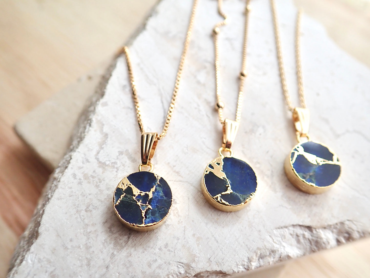 Mojave Turquoise Circle Pendant Necklace, Crushed Blue Sapphire, 18K Gold Filled Cable, Box, or Satellite Chain