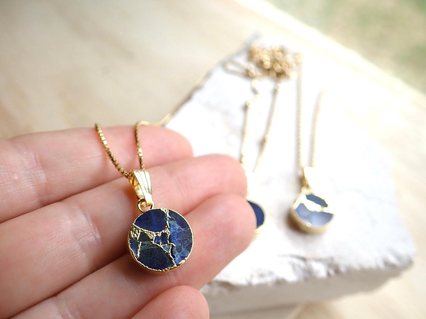 Mojave Turquoise Circle Pendant Necklace, Crushed Blue Sapphire, 18K Gold Filled Cable, Box, or Satellite Chain