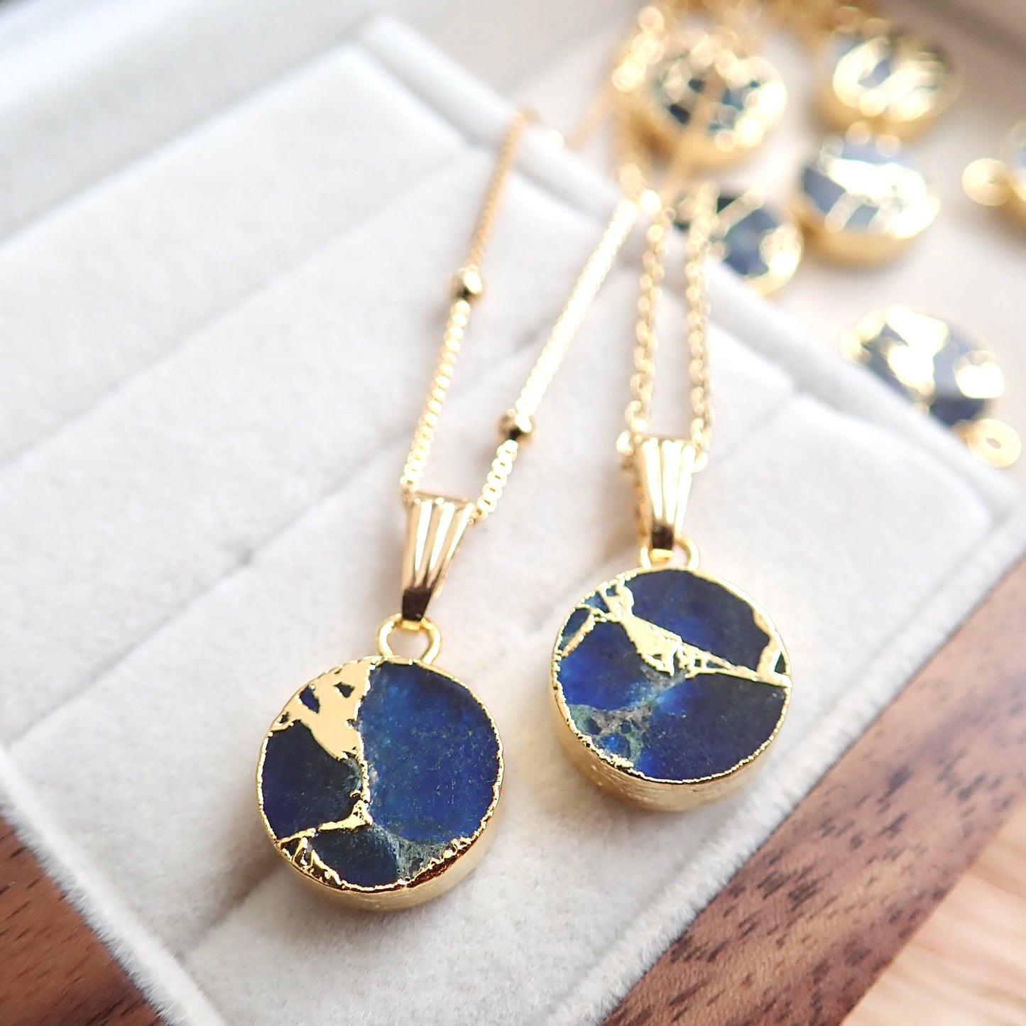 Mojave Turquoise Circle Pendant Necklace, Crushed Blue Sapphire, 18K Gold Filled Cable, Box, or Satellite Chain