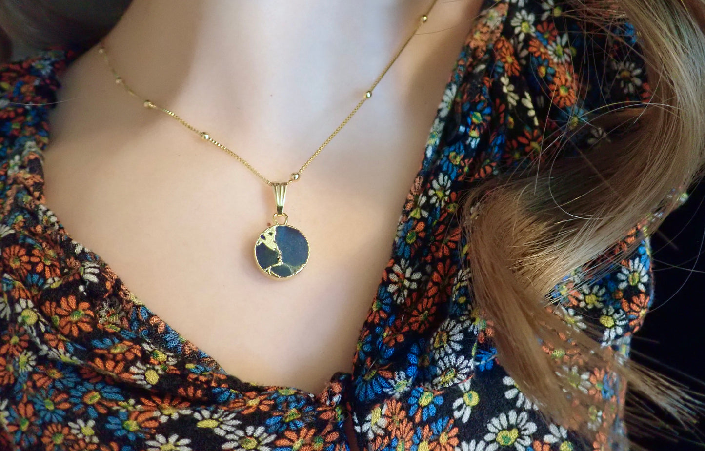 Mojave Turquoise Circle Pendant Necklace, Crushed Blue Sapphire, 18K Gold Filled Cable, Box, or Satellite Chain