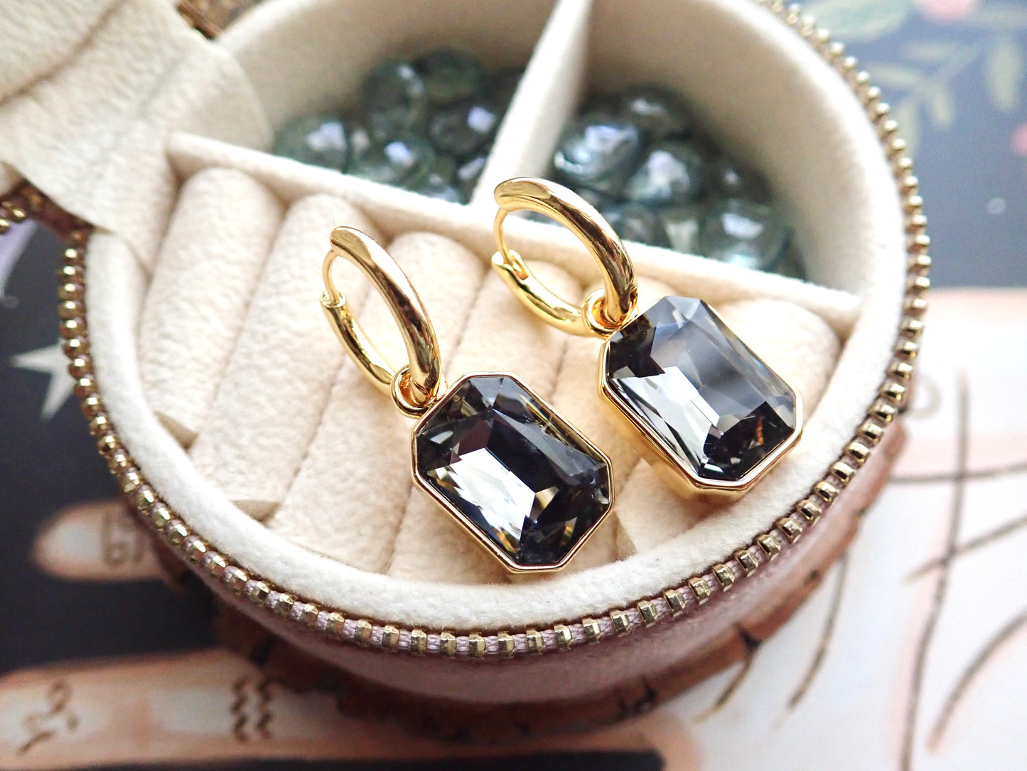 Natalia Emerald Cut Smoky Crystal Hoop Earrings