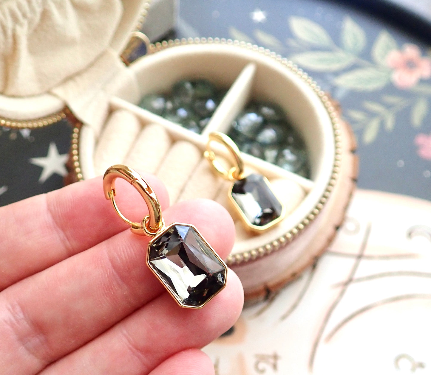 Natalia Emerald Cut Smoky Crystal Hoop Earrings