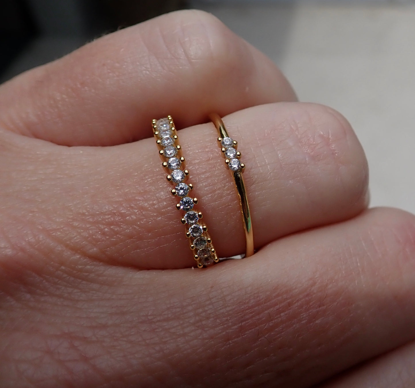 Tiny Triad Dainty Gold Diamond CZ Ring
