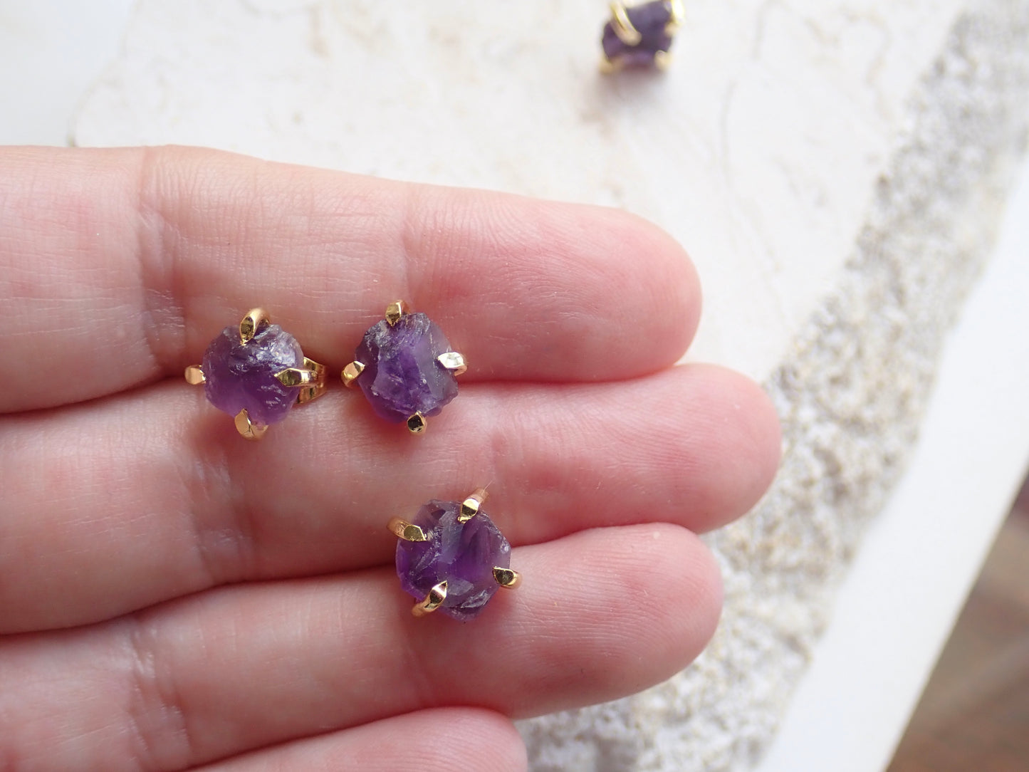 Natural Amethyst Stud Earrings – 14k Gold Plated Prong Setting | Natural Gemstone Jewelry, February Birthstone
