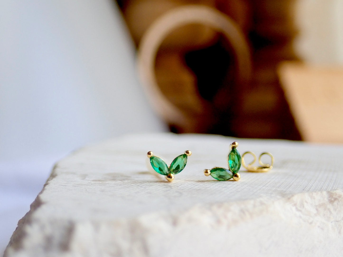 Tiny Emerald Marquise CZ Stud Earrings | 14k Gold Vermeil | Hypo-Allergenic | Cubic Zirconia