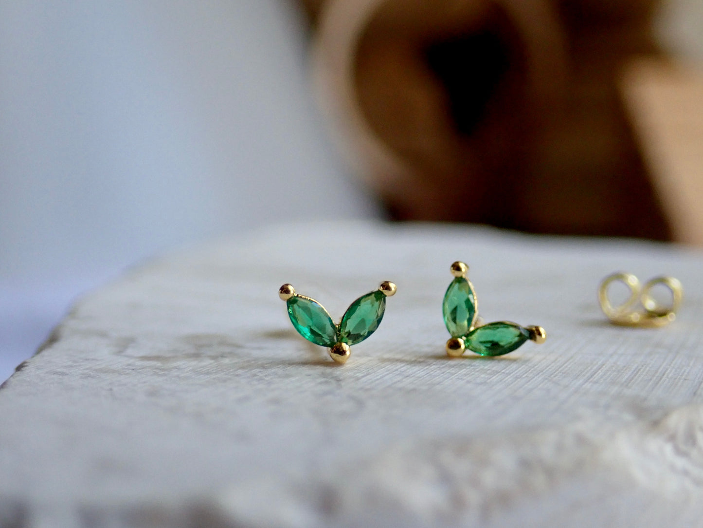 Tiny Emerald Marquise CZ Stud Earrings | 14k Gold Vermeil | Hypo-Allergenic | Cubic Zirconia