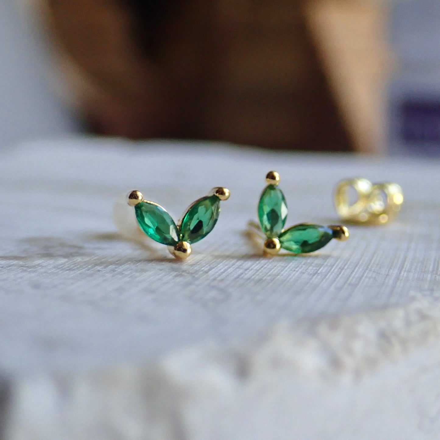 Tiny Emerald Marquise CZ Stud Earrings | 14k Gold Vermeil | Hypo-Allergenic | Cubic Zirconia