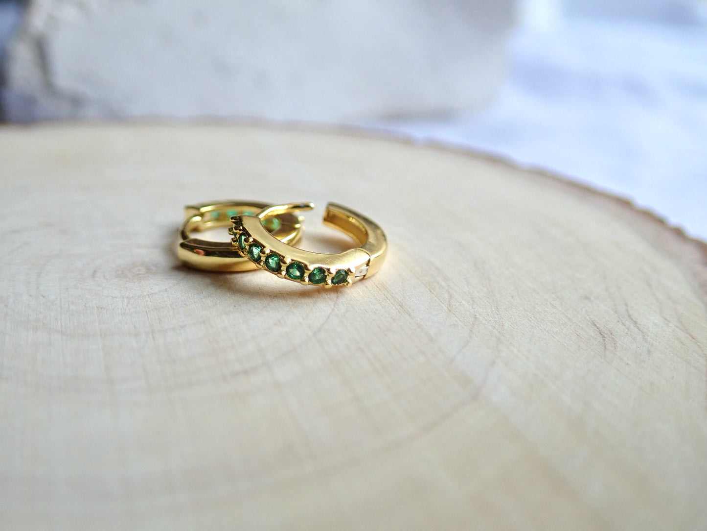Emerald Islands Green CZ Huggie Hoops in 18k Gold Vermeil, Dainty Gemstone Hoop Earrings, May Birthstone Gift