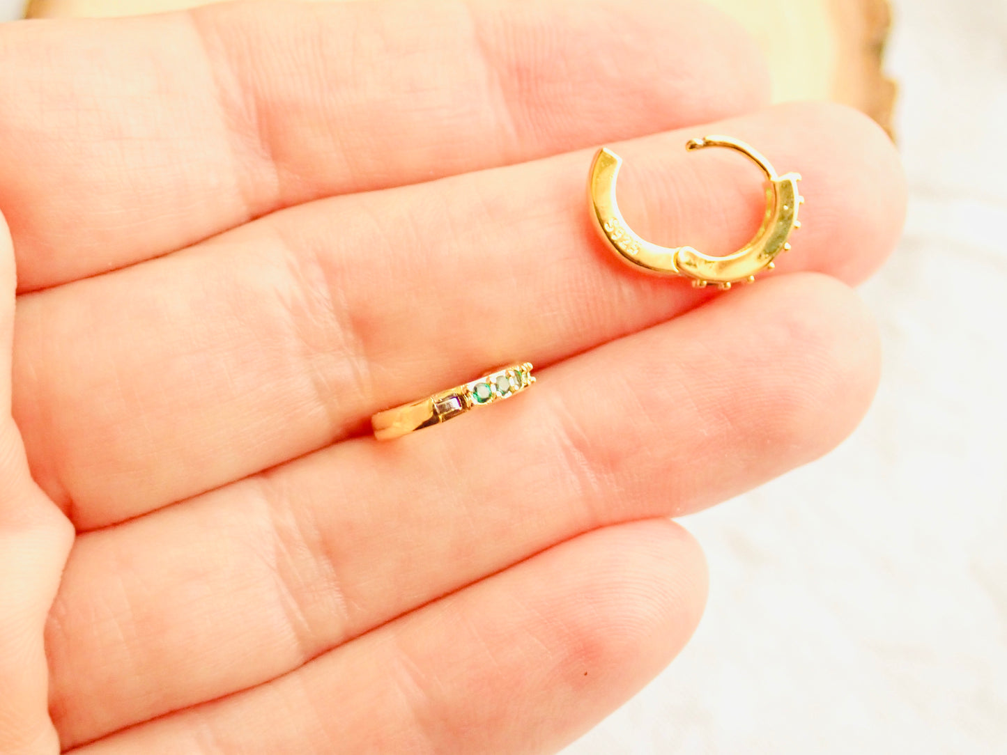 Emerald Islands Green CZ Huggie Hoops in 18k Gold Vermeil, Dainty Gemstone Hoop Earrings, May Birthstone Gift