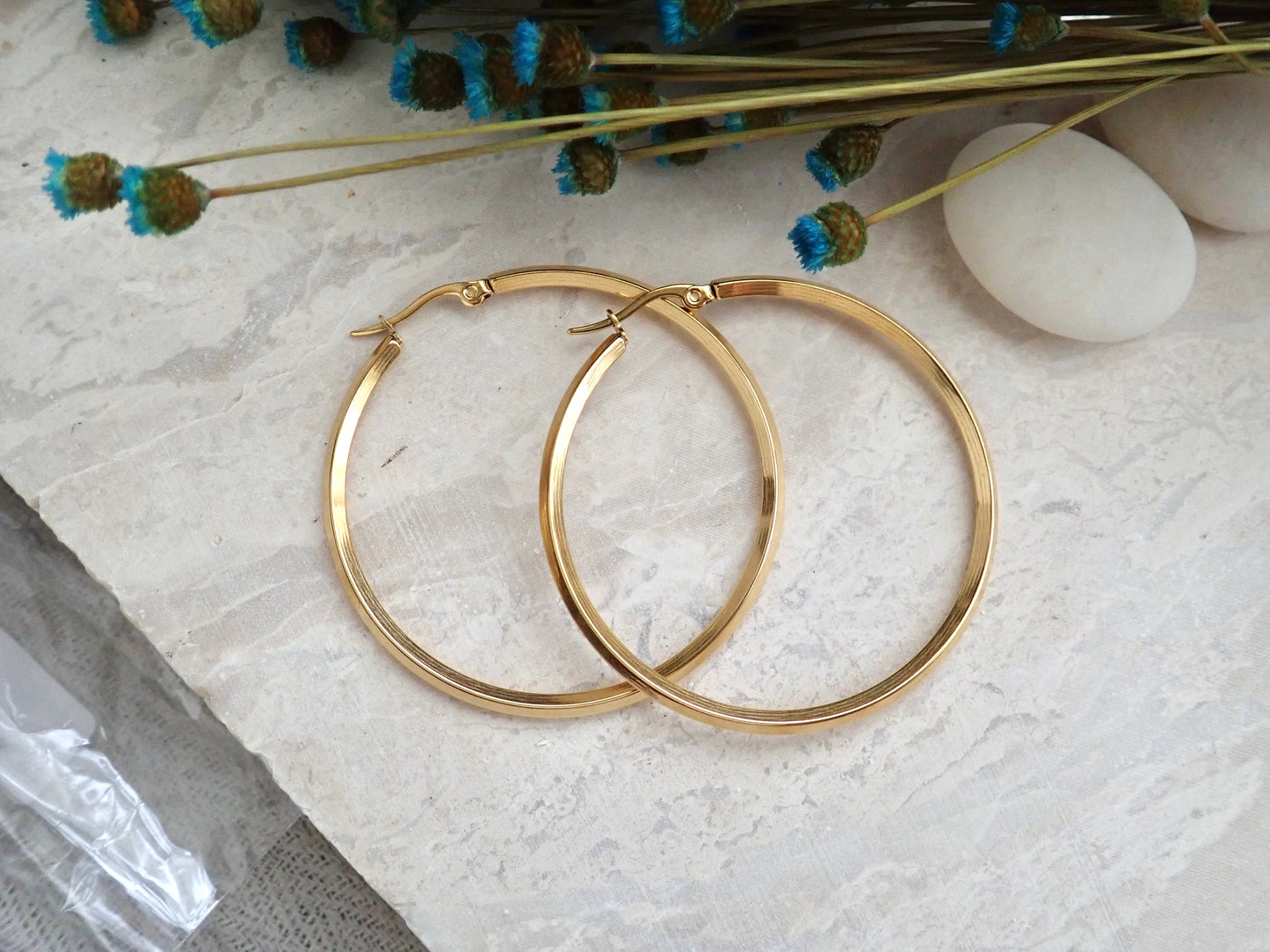 Bevelled Waterproof Gold Hoop Earrings