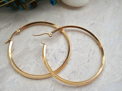 Bevelled Waterproof Gold Hoop Earrings
