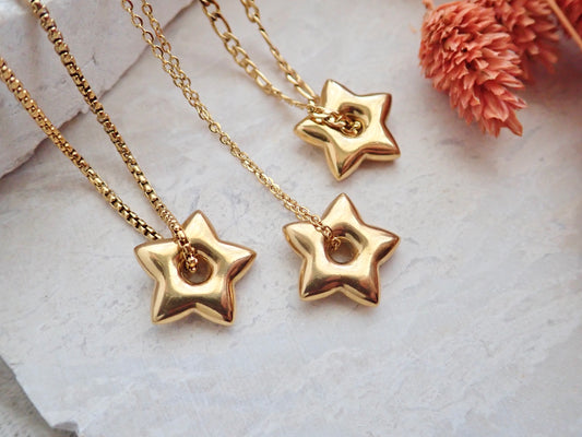 Puffy Star Necklace | Waterproof Jewelry | 18K Gold | PVD Stainless Steel | 3 Chain Choices