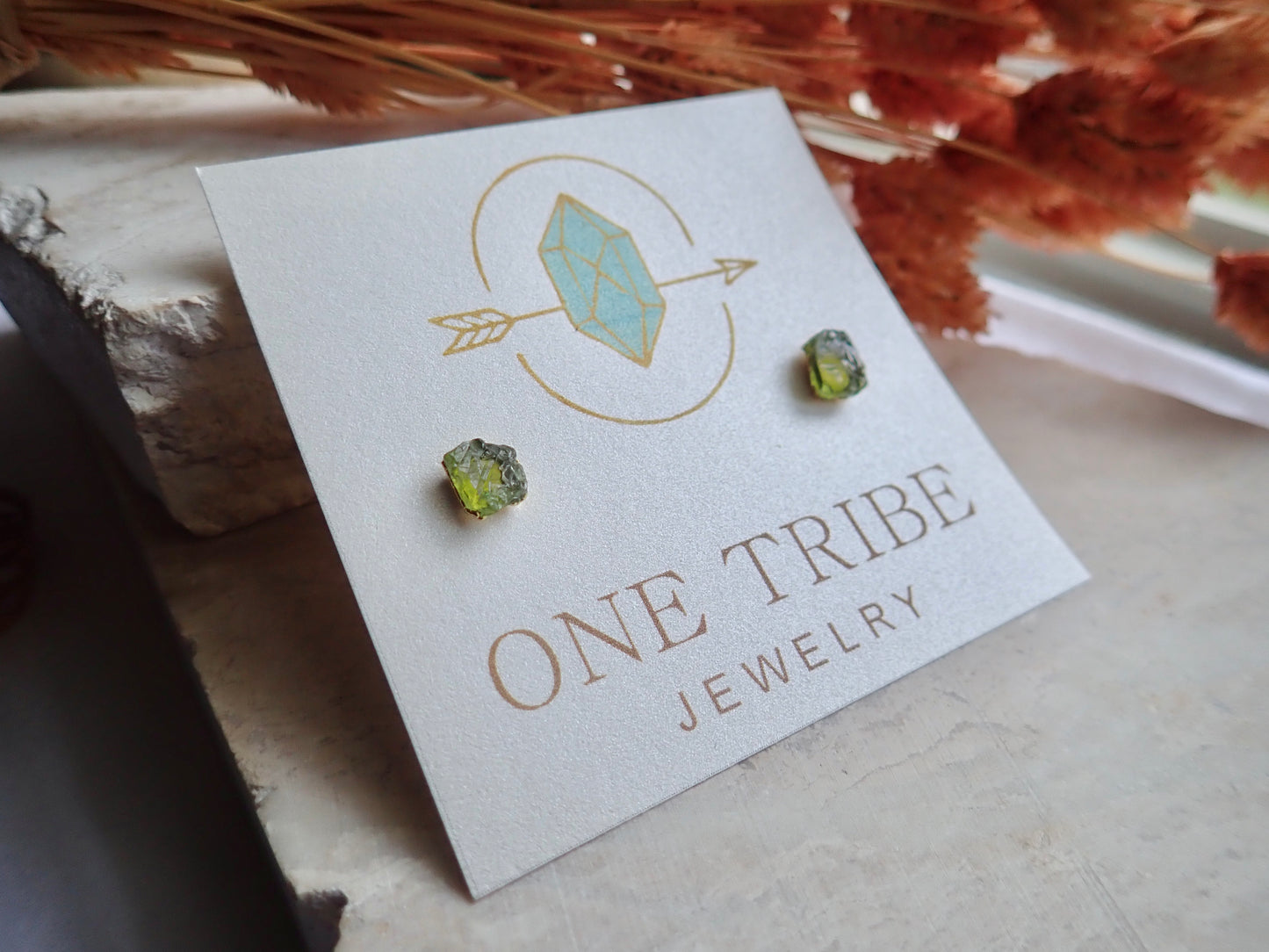 Raw Peridot Stud Earrings - Natural Green Crystal Gemstone - August Birthday Gift
