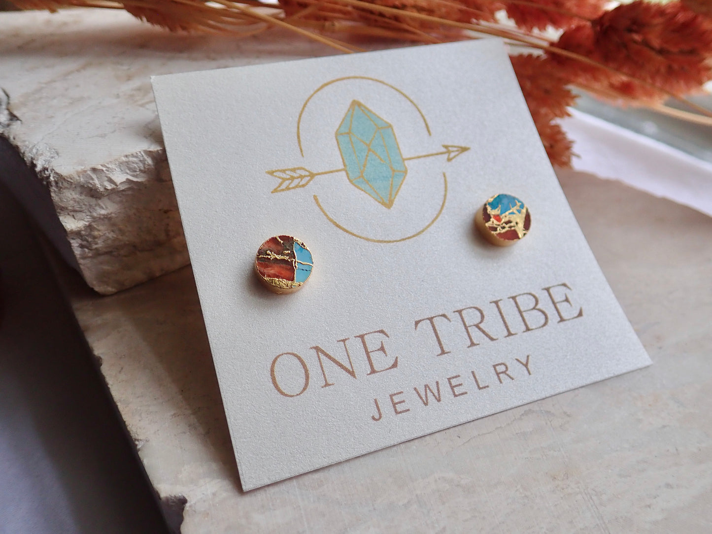 Mojave Oyster Turquoise Stud Earrings Gold, December Birthstone Gift for Her, Round Minimalist Boho Post Earrings