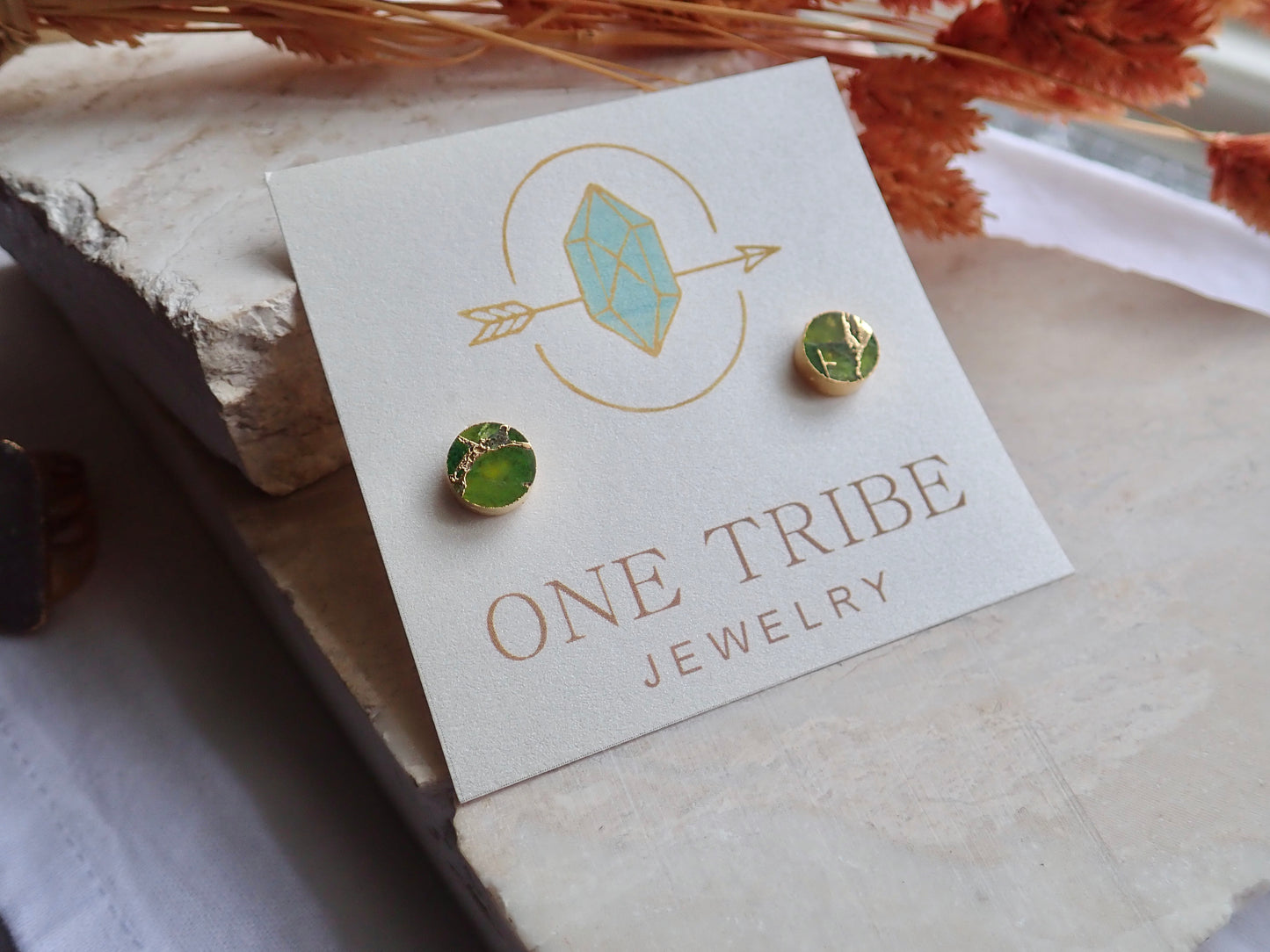 Round Peridot Green Mojave Turquoise Stud Earrings  – August Birthstone Gift for Her - Minimalist Boho Post Earrings