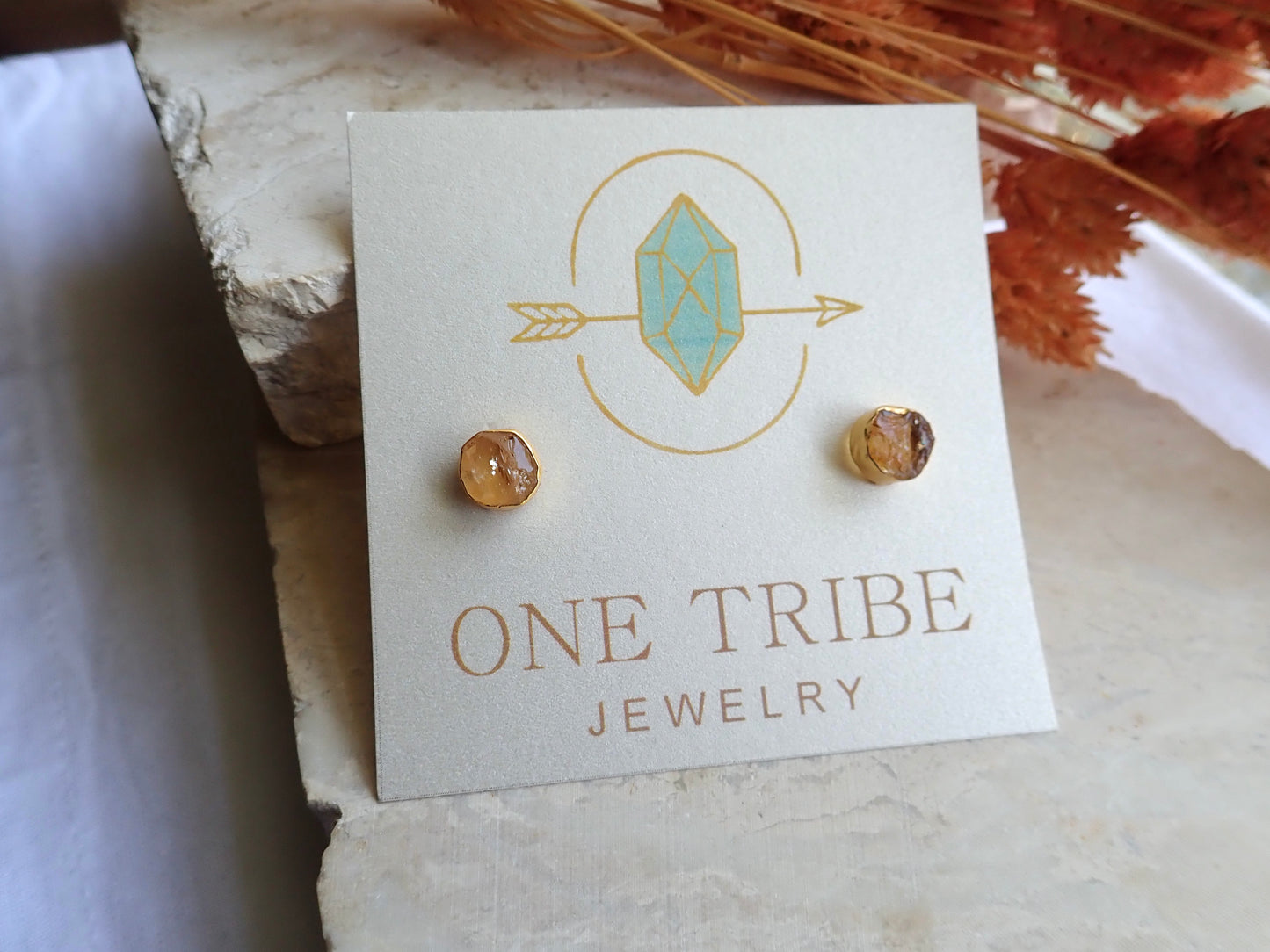 Raw Citrine Stud Earrings – 18k Gold Vermeil over Sterling Silver, Hypoallergenic