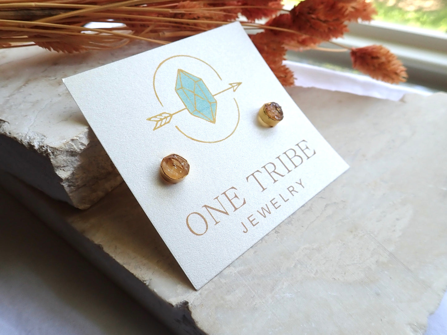 Raw Citrine Stud Earrings – 18k Gold Vermeil over Sterling Silver, Hypoallergenic